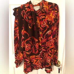 Diane Von Furstenberg Vibrant Button Down 100% Silk Blouse and matching scarf